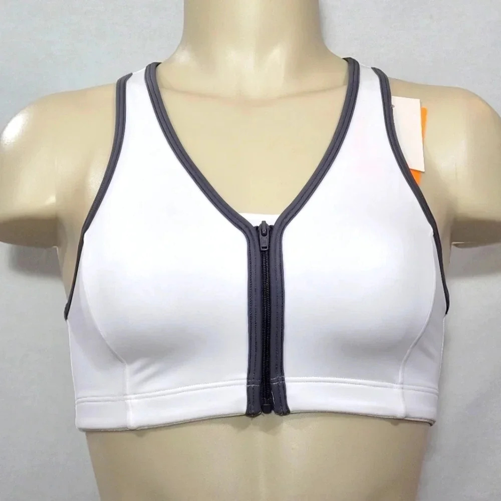 SMALL Hanes HC32 Wire Free Zip‎ Front Sports Bra White